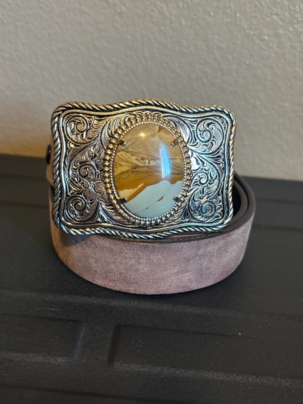 Vintage-Vibe Western Belt with Picture Jasper Buckle 🌵✨